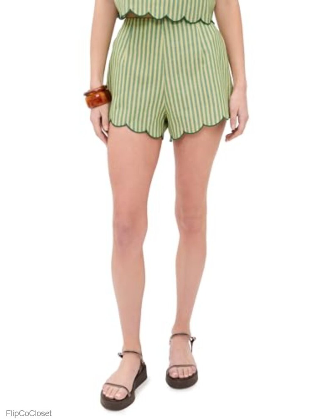 Scallop Hem Capri Shorts Pleated High Rise Linen Blend Casual